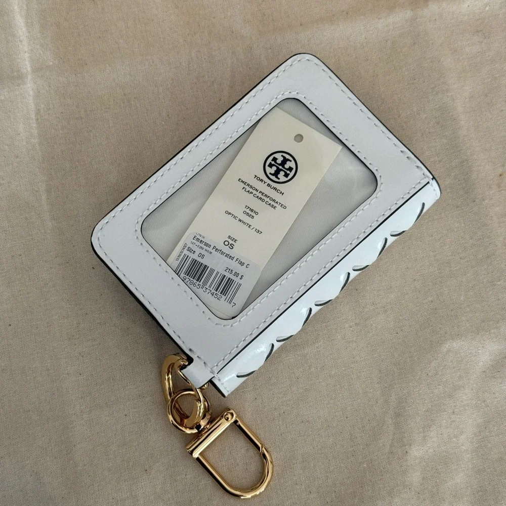 New Tory Burch 215+! EMERSON PERFORATED FLAP CARD CASE  WHITE